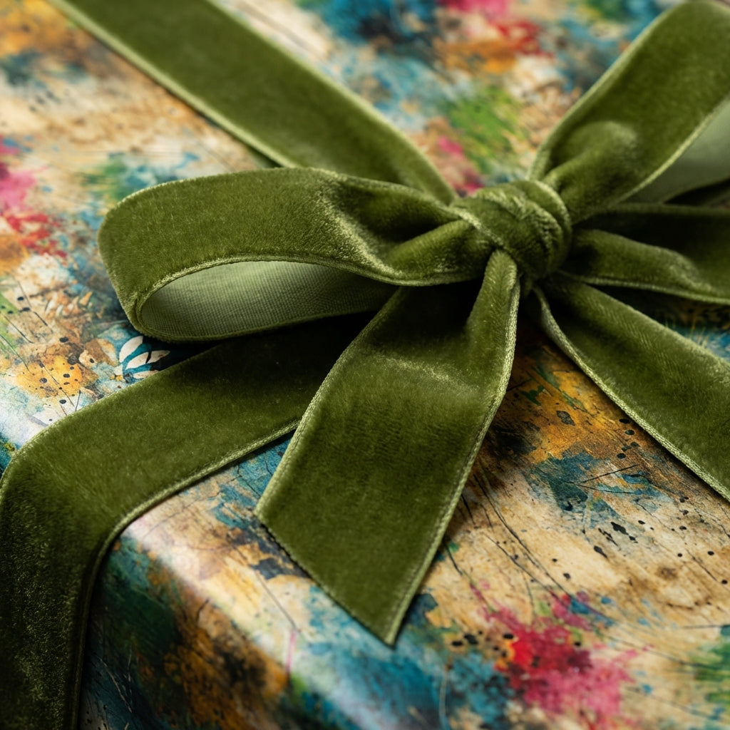 Abstract floral gift wrap with olive velvet ribbon bow.