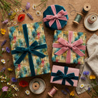 Luxury gift wrap featuring floral paper and velvet ribbons on wooden table by Wrapped Studios.