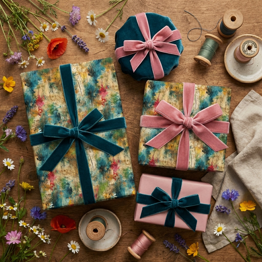 Luxury gift wrap featuring floral paper and velvet ribbons on wooden table by Wrapped Studios.