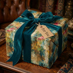 Luxury gift with abstract floral wrapping paper and teal velvet ribbon.