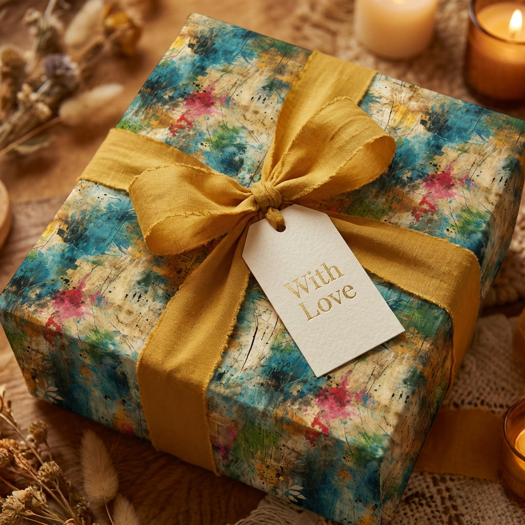 Abstract floral wrapping paper in blues & greens with golden ribbon and "With Love" tag.