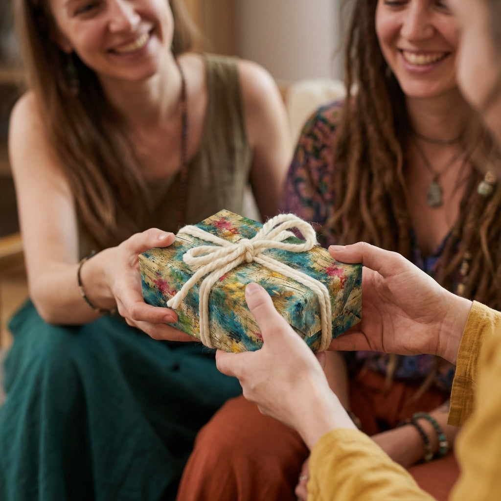 Group sharing gift wrapped in abstract floral paper with rustic twine bow.