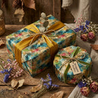 Rustic-chic gift wrap featuring blue, pink, and green floral accents, styled with dried flowers and ribbons from Wrapped Studios.