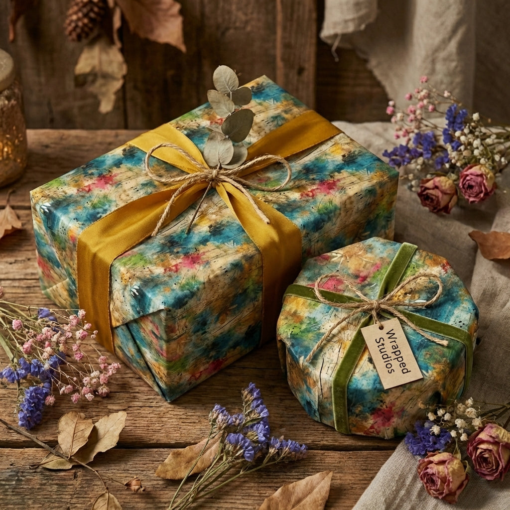 Rustic-chic gift wrap featuring blue, pink, and green floral accents, styled with dried flowers and ribbons from Wrapped Studios.