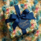 Abstract watercolor gift wrap with navy ribbon, from Wrapped Studios.