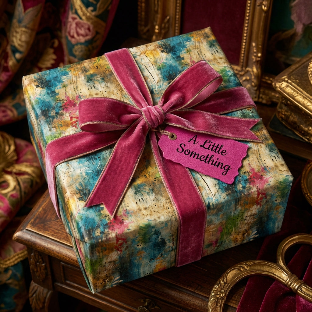 Luxurious present with abstract floral wrapping paper and velvet ribbon. Wrapped Studios.