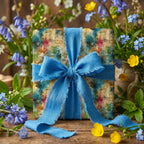Rustic floral gift wrap with blue ribbon. Spring-themed birthday wrapping paper, from Wrapped Studios.