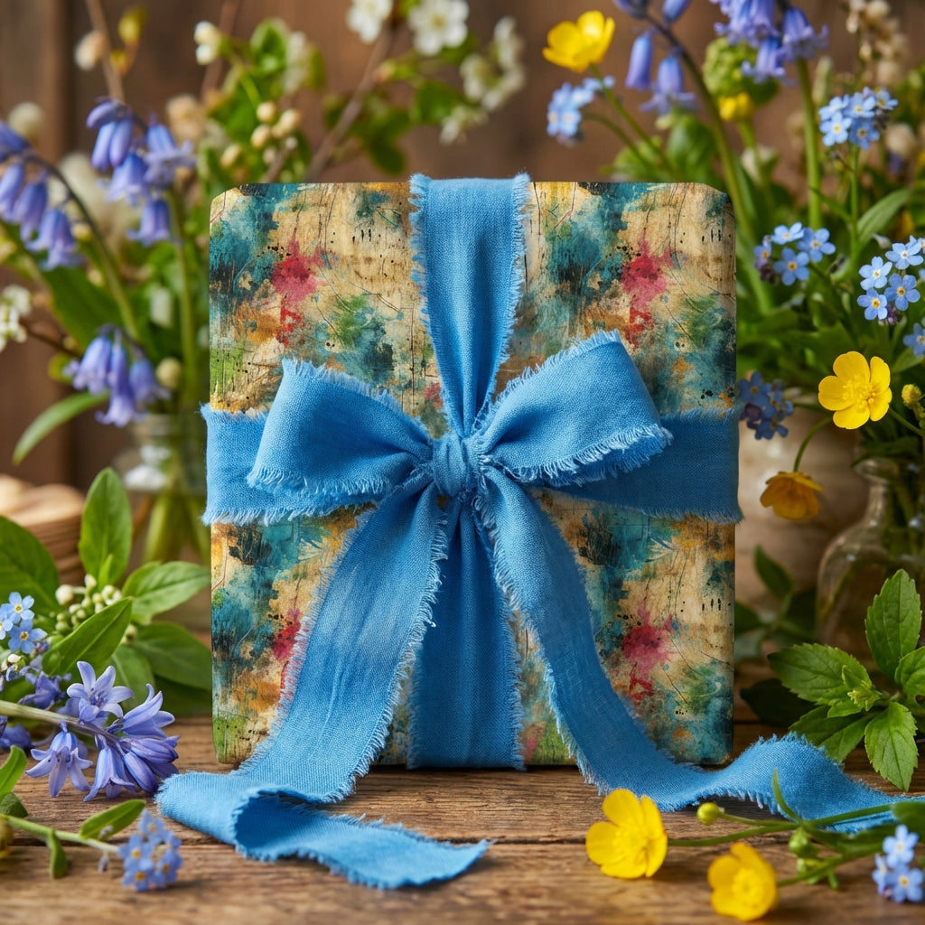 Rustic floral gift wrap with blue ribbon. Spring-themed birthday wrapping paper, from Wrapped Studios.