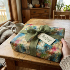 Rustic gift wrap with an abstract watercolor pattern, olive green ribbon, and "Enjoy" tag.