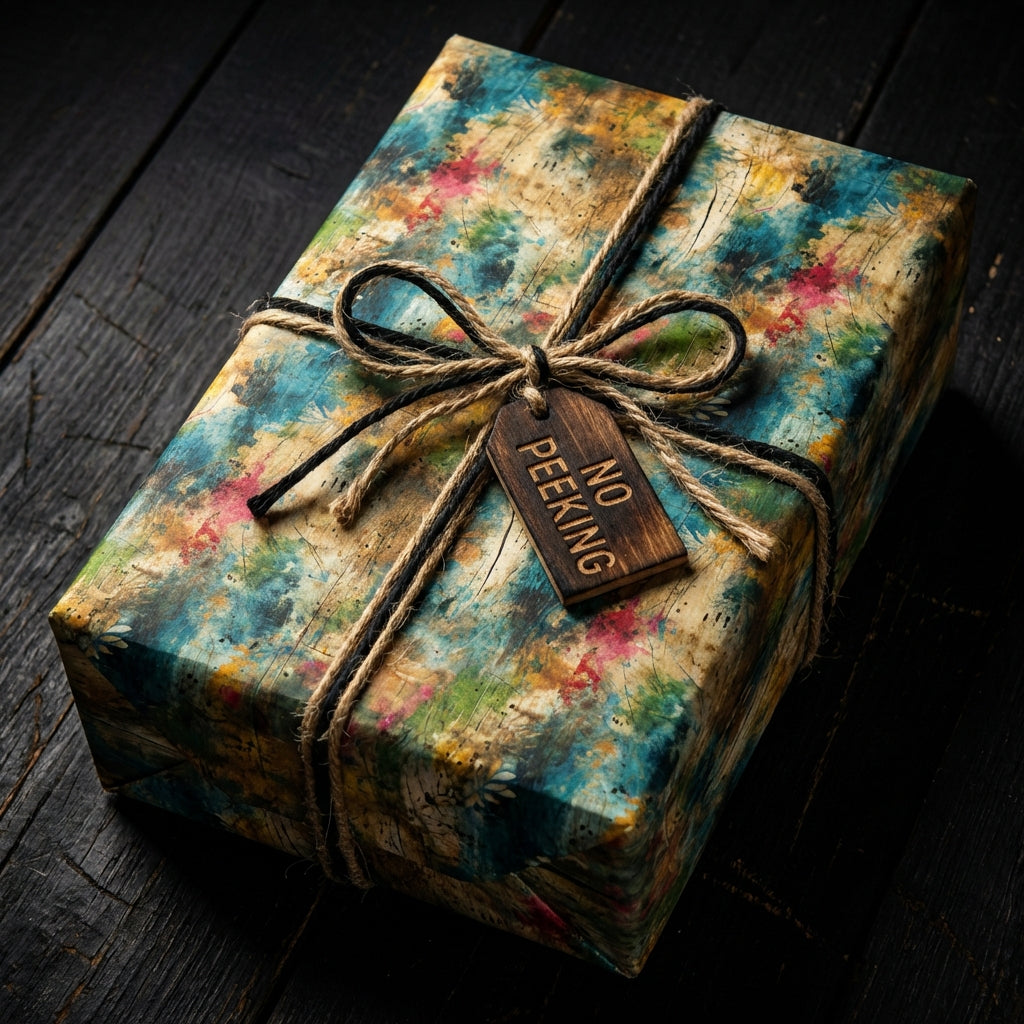 Rustic gift wrap with watercolor floral pattern, tied with twine and "No Peeking" tag.