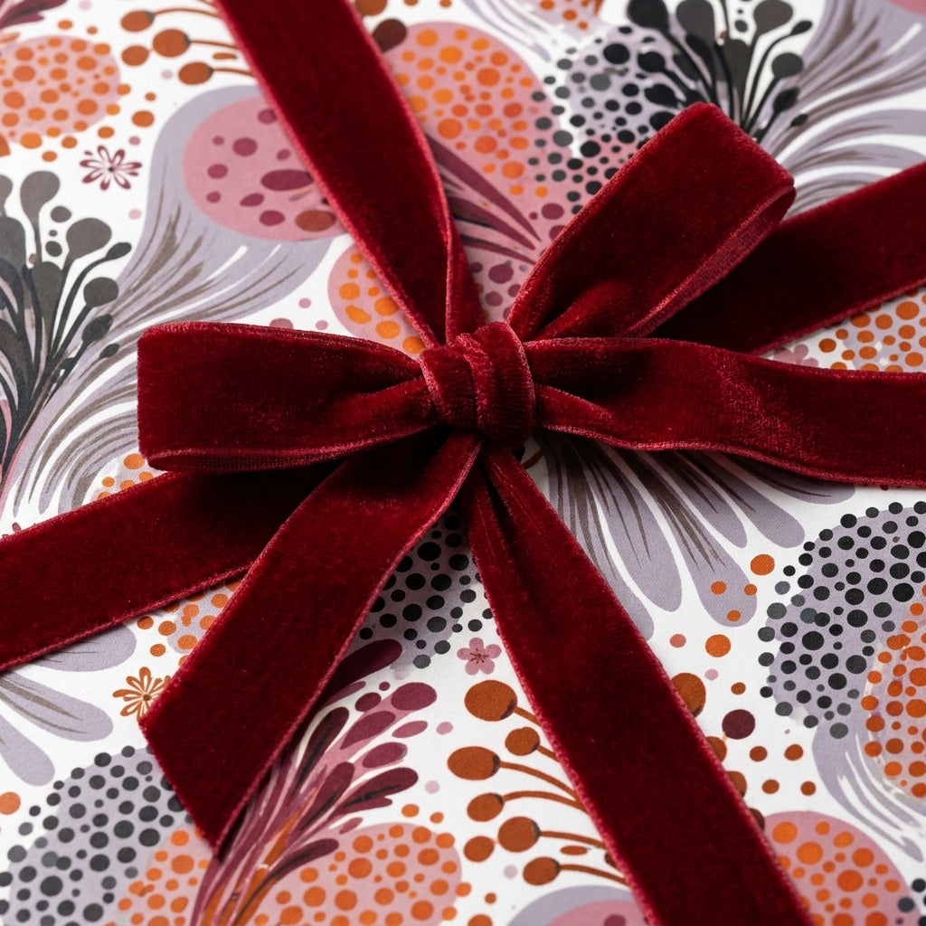 Elegant floral wrapping paper in rust and rose with a burgundy velvet ribbon by Wrapped Studios.