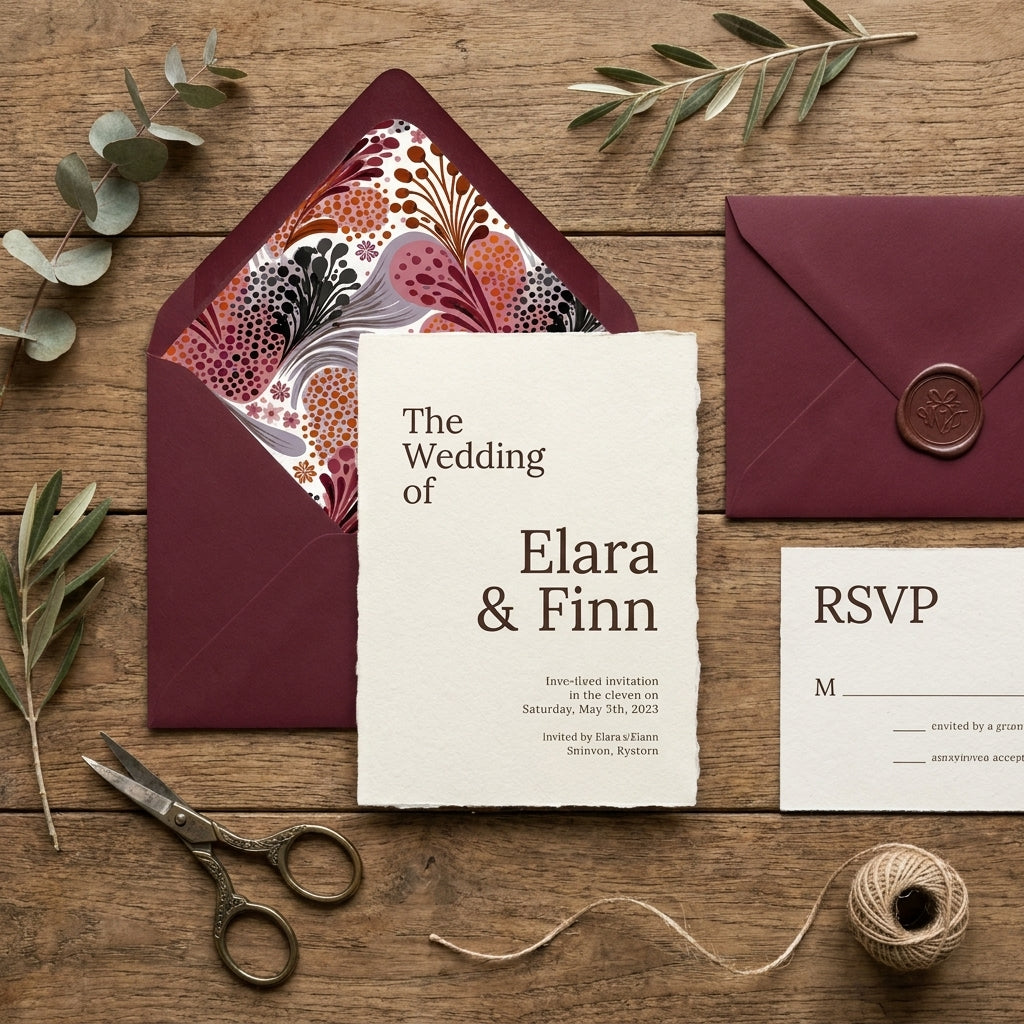 Elegant burgundy wedding invitation card with floral envelope liner on wood table by Wrapped Studios.