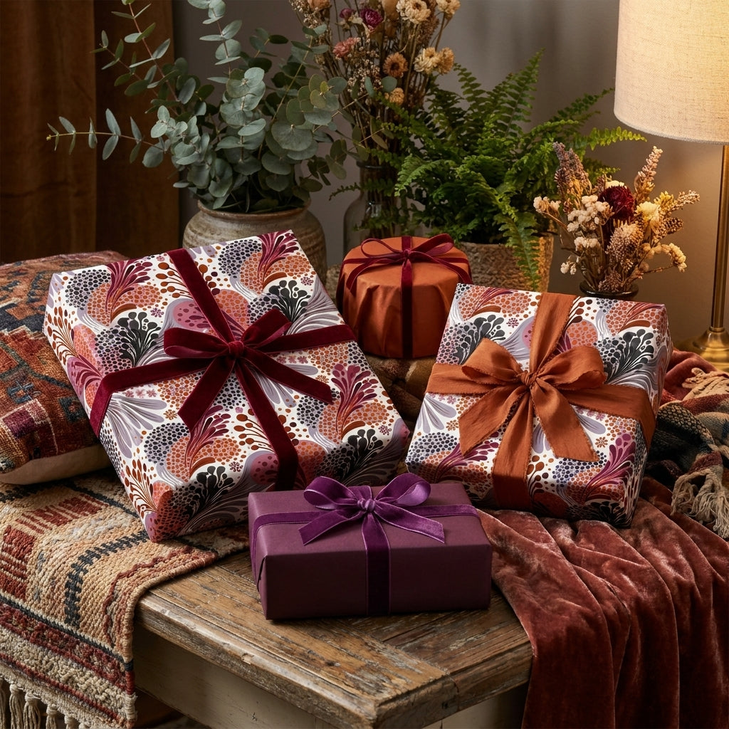 Elegant botanical floral wrapping paper and velvet ribbons on cozy gift boxes by Wrapped Studios.
