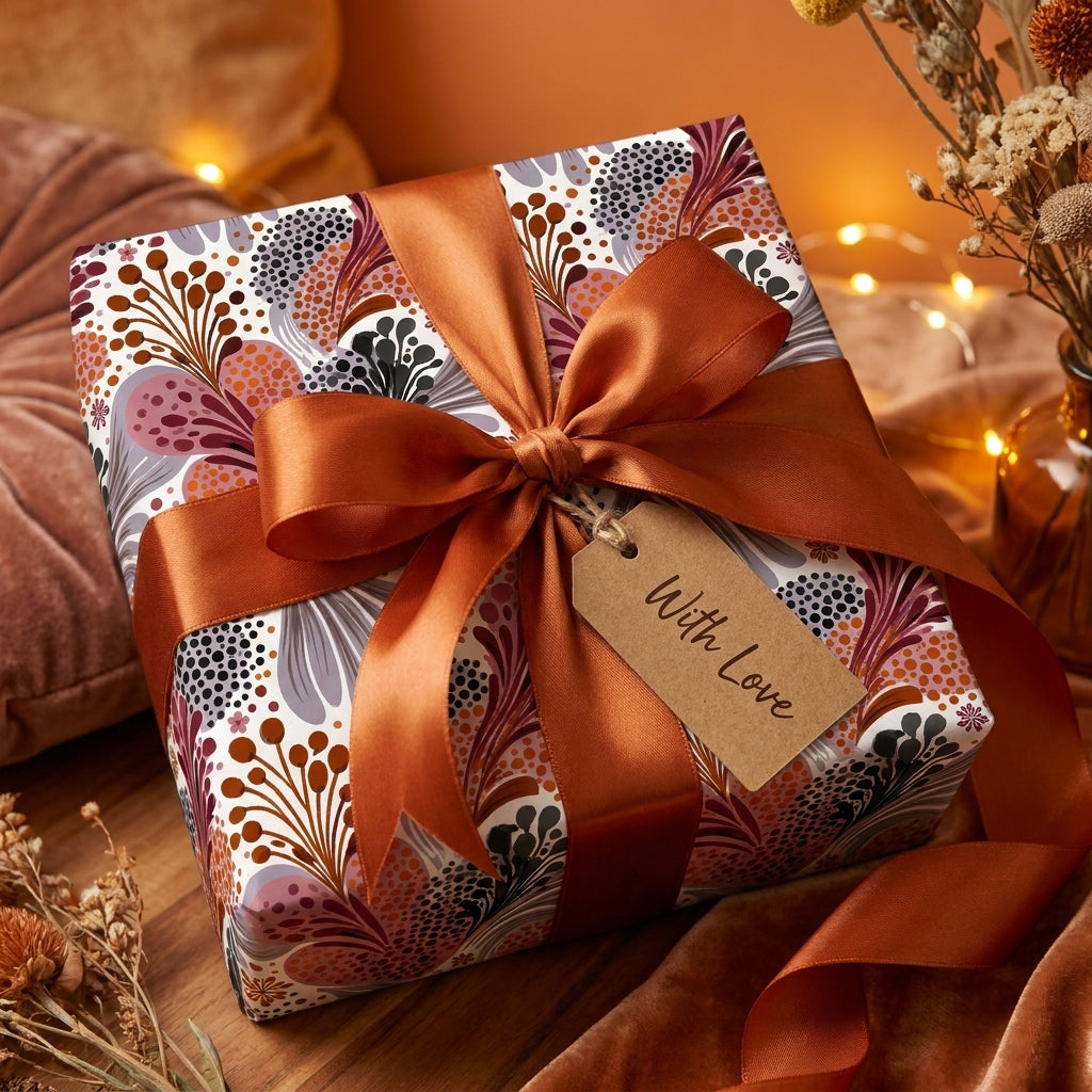Boho floral wrapping paper by Wrapped Studios on a gift box with a rust satin bow and 'With Love' tag.