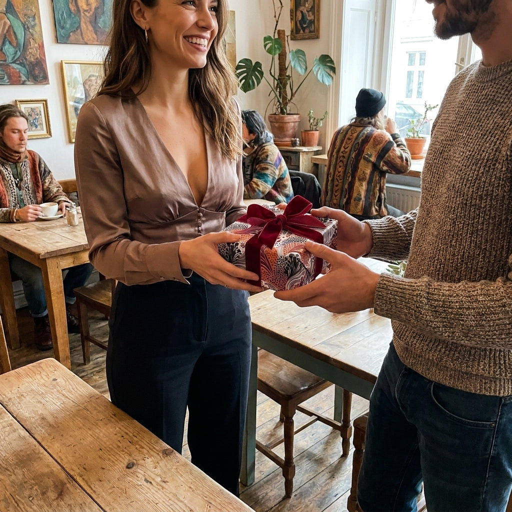 A woman receives a gift wrapped in luxury floral wrapping paper with a red velvet bow by Wrapped Studios.