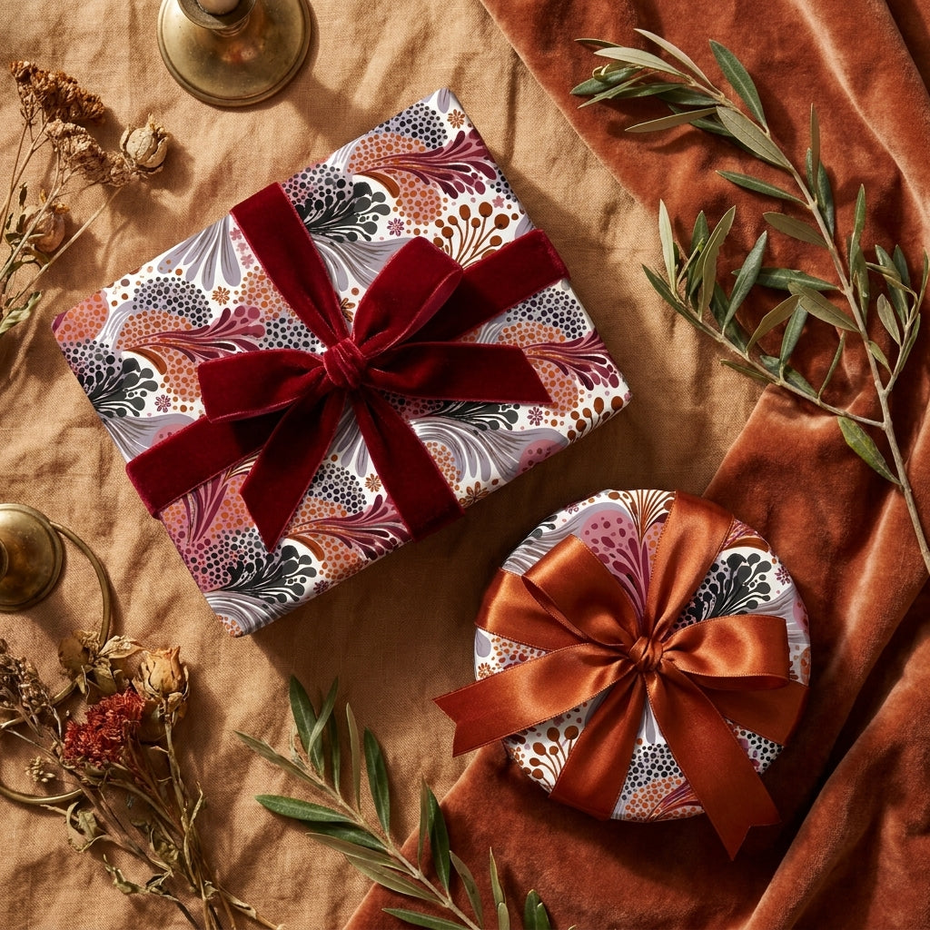 Luxury autumn floral wrapping paper with velvet and satin bows on gift boxes by Wrapped Studios.