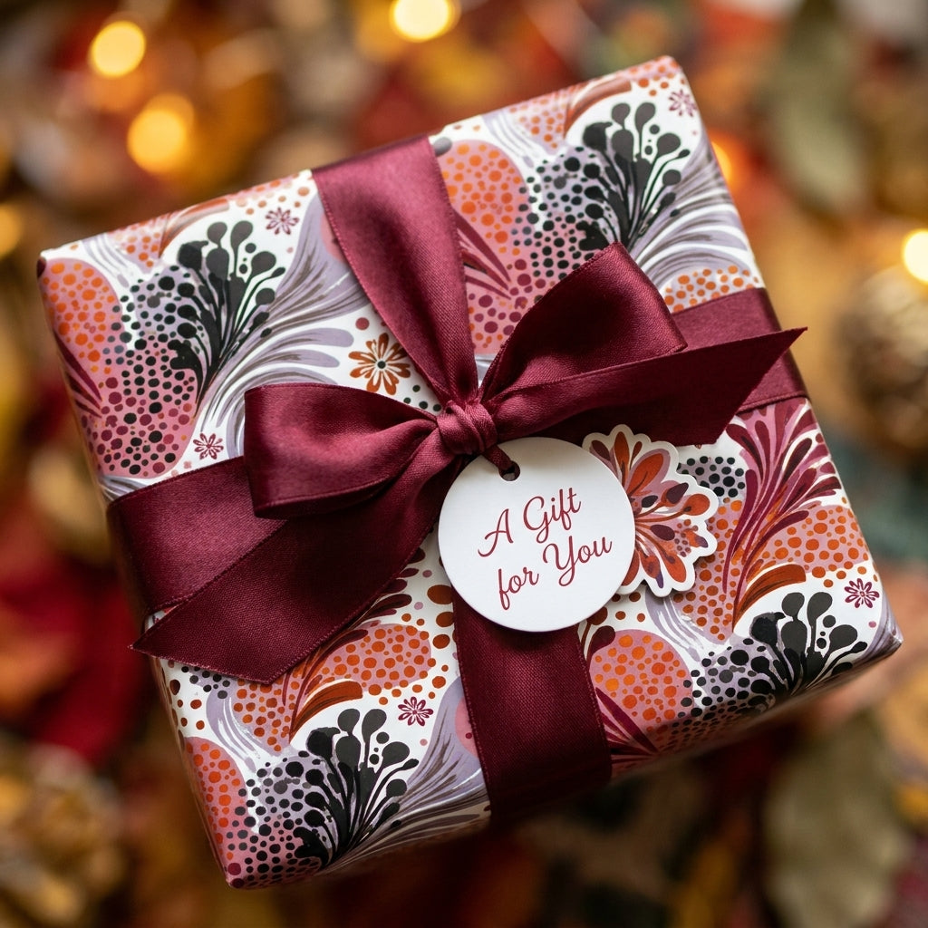 Elegant autumn floral wrapping paper with a burgundy bow and gift tag by Wrapped Studios.