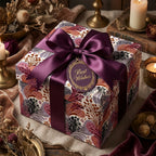 Luxury floral wrapping paper with a purple satin bow and vintage "Best Wishes" tag by Wrapped Studios.