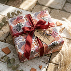 Boho botanical wrapping paper with a burgundy silk ribbon on a rustic gift box by Wrapped Studios.
