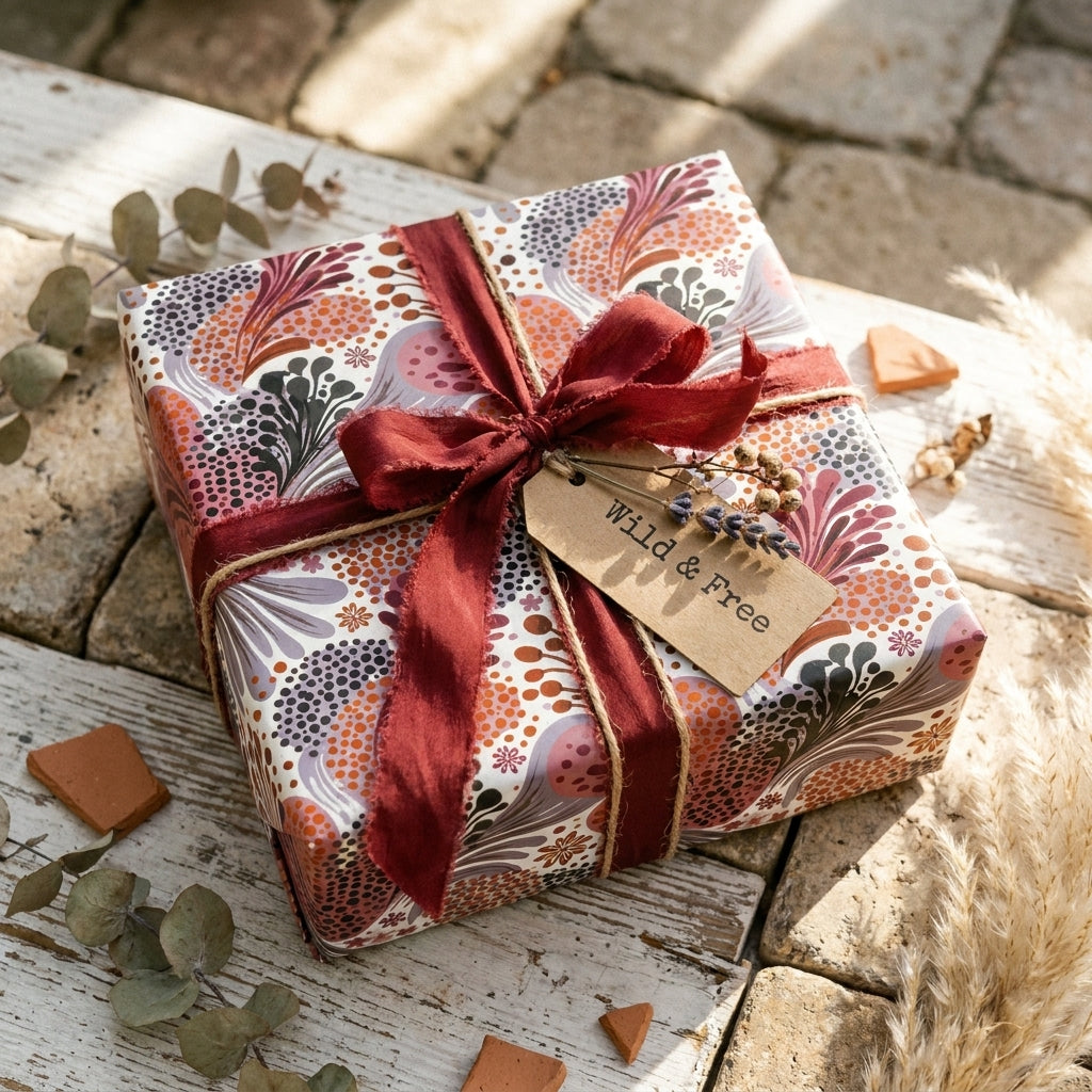 Boho botanical wrapping paper with a burgundy silk ribbon on a rustic gift box by Wrapped Studios.