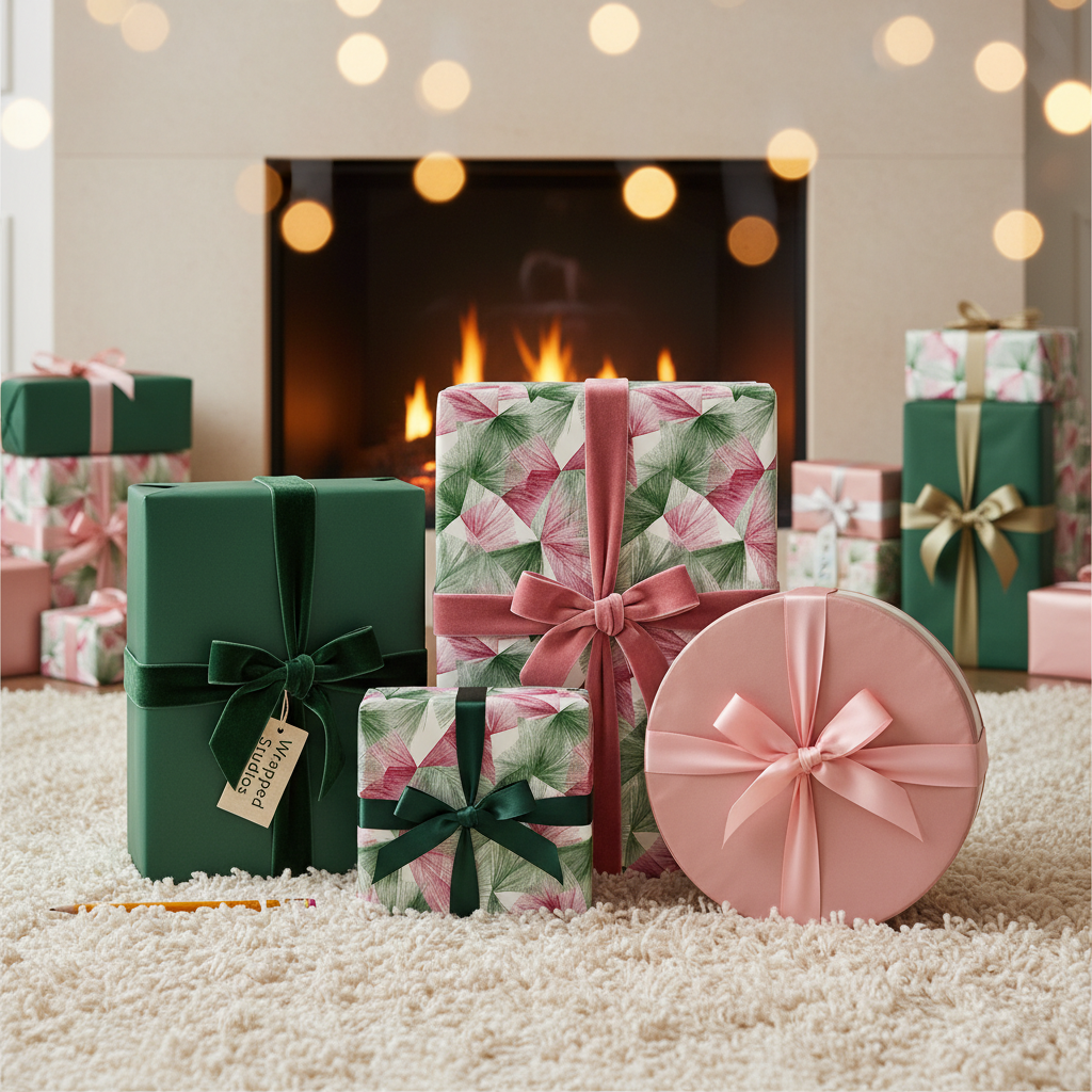 Luxury pink and green holiday gift wrap with velvet ribbon bows, in front of a cozy fireplace with warm bokeh lights.