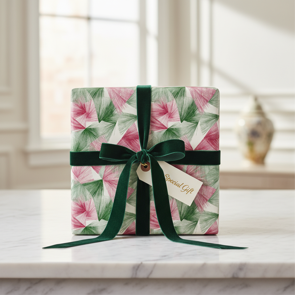 Modern geometric wrapping paper with pink and green triangles, tied with a luxurious green velvet ribbon and "Special Gift" tag on a white marble table.