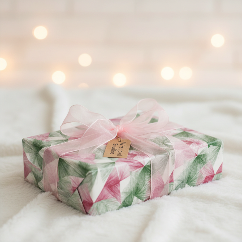 Modern pink and green geometric wrapping paper with a sheer pink ribbon and "Wrapped Studios" tag, perfect for luxury birthday or wedding gifts.
