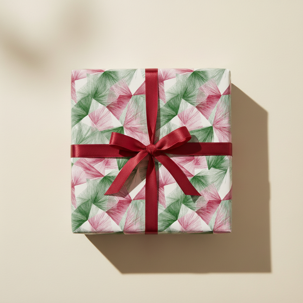 Elegant gift box with modern geometric red and green wrapping paper and a festive red satin bow, perfect for Christmas or holiday gifts.