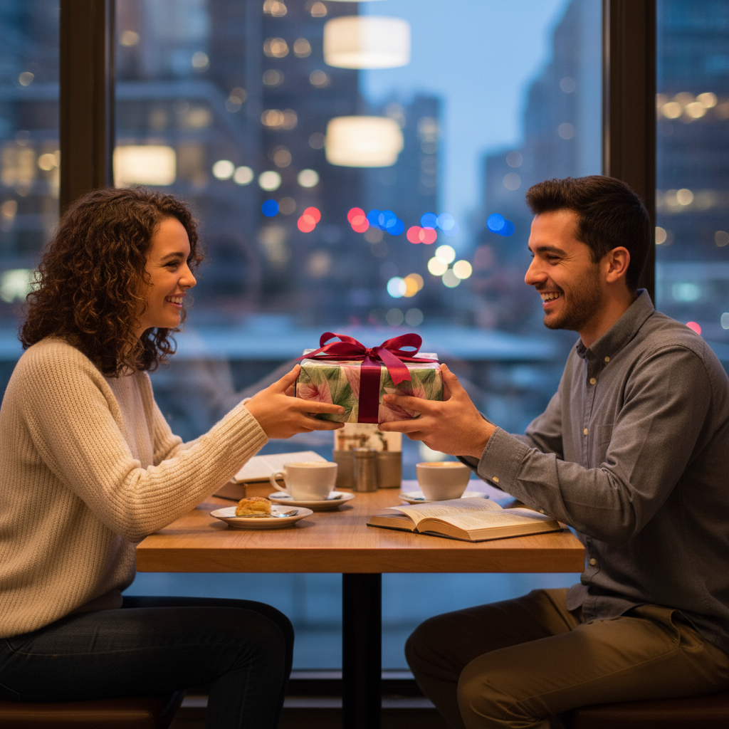 Romantic couple exchanging a gift, wrapped in elegant pink and green floral paper with a red ribbon, in a cozy restaurant.