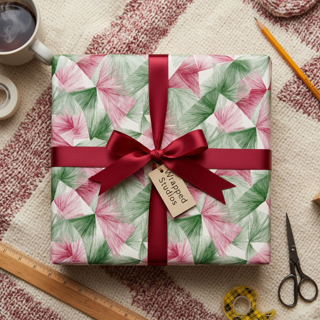 Modern geometric Christmas gift wrap with a festive red ribbon and bow, perfect for holiday presents.