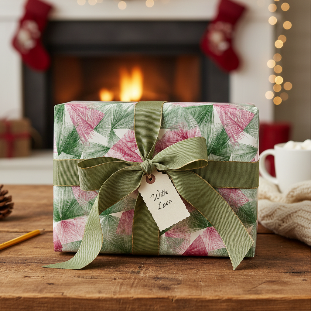 Christmas gift in modern green and pink geometric wrapping paper with a wide green ribbon and "With Love" tag, by a cozy fireplace.