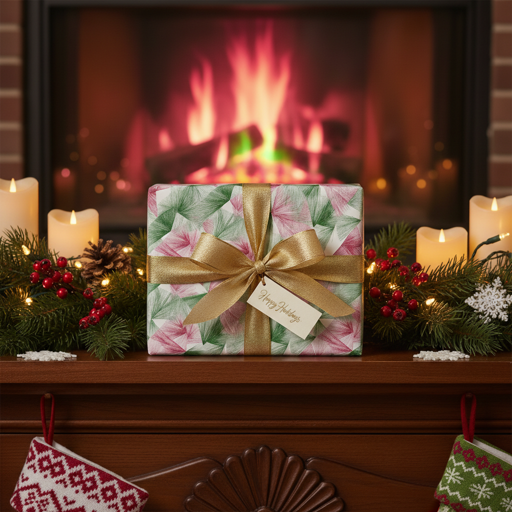 Happy Holidays luxury gift wrap with a modern pink and green abstract pattern, gold ribbon, and tag, set on a mantle by a fireplace.