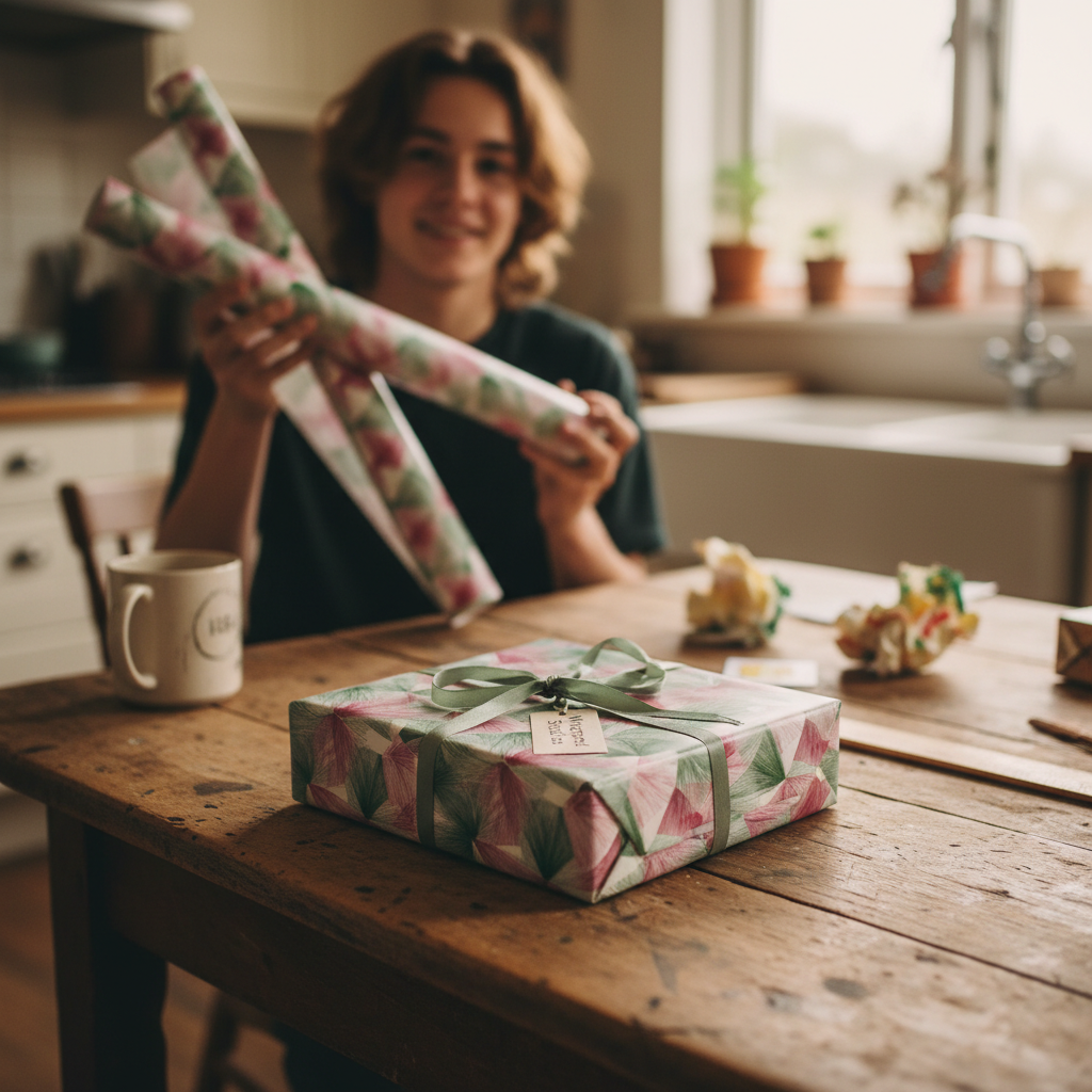 Pink and green tropical wrapping paper with a light green ribbon and gift tag, perfect for birthday or luxury gift wrap.