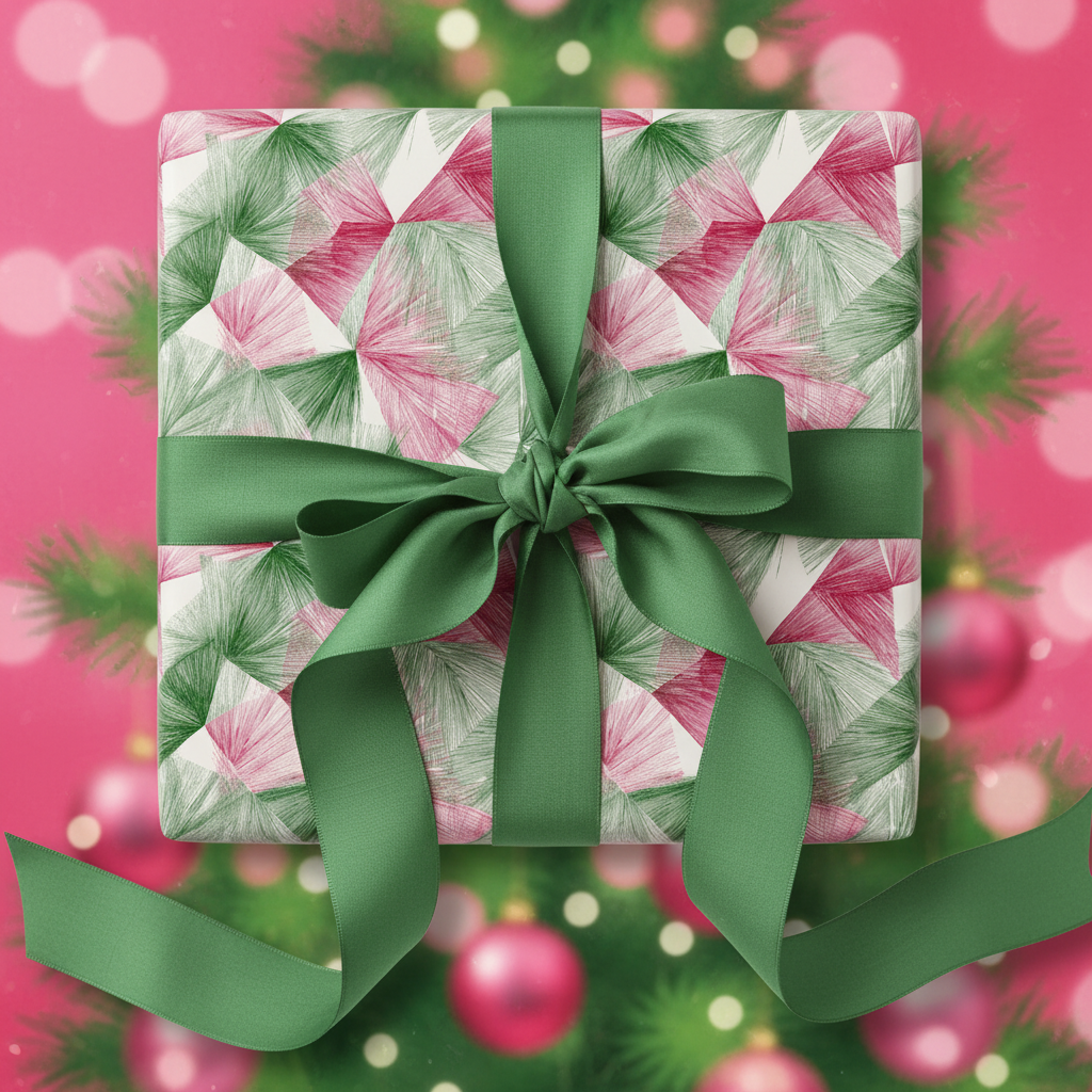 Modern geometric Christmas gift wrapping paper in green and pink with a luxurious green satin ribbon bow.
