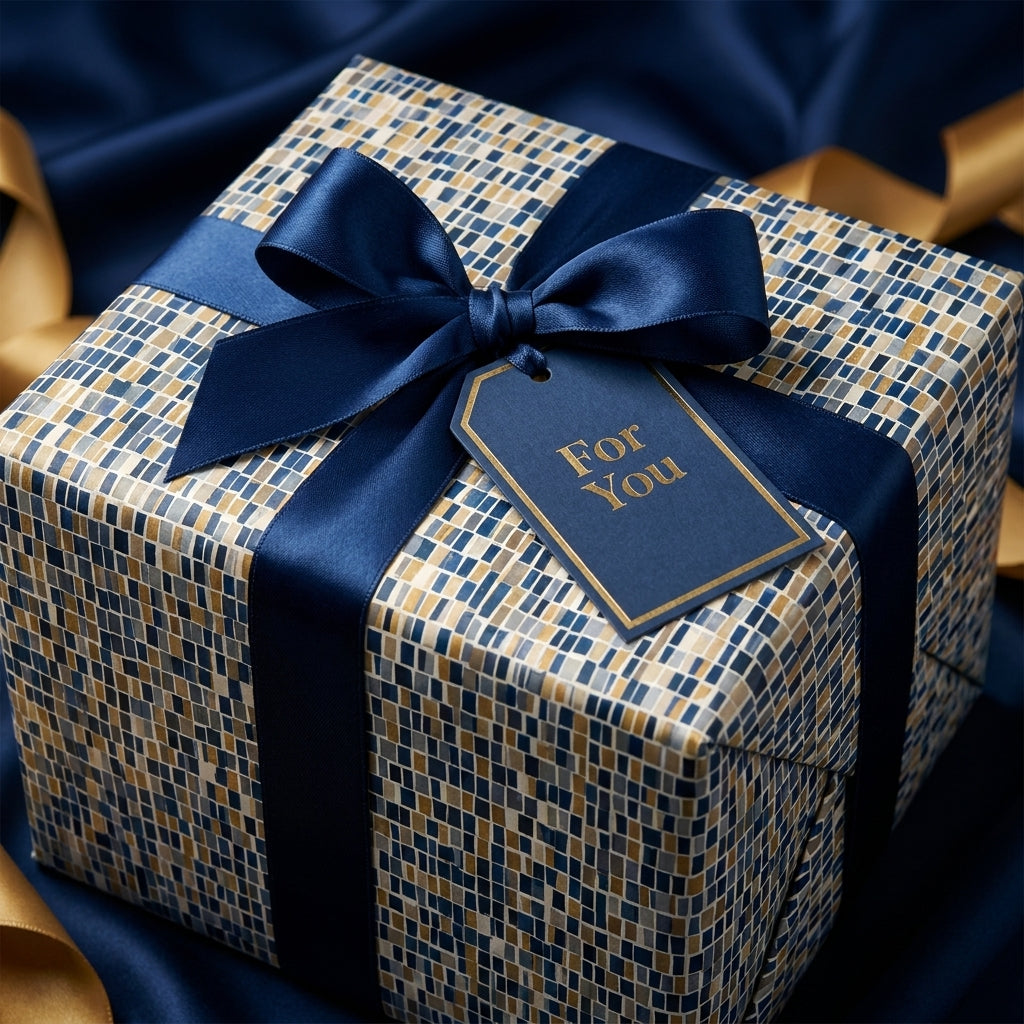 Luxury gift box in navy and gold mosaic wrapping paper, tied with a satin ribbon and a "For You" tag by Wrapped Studios.