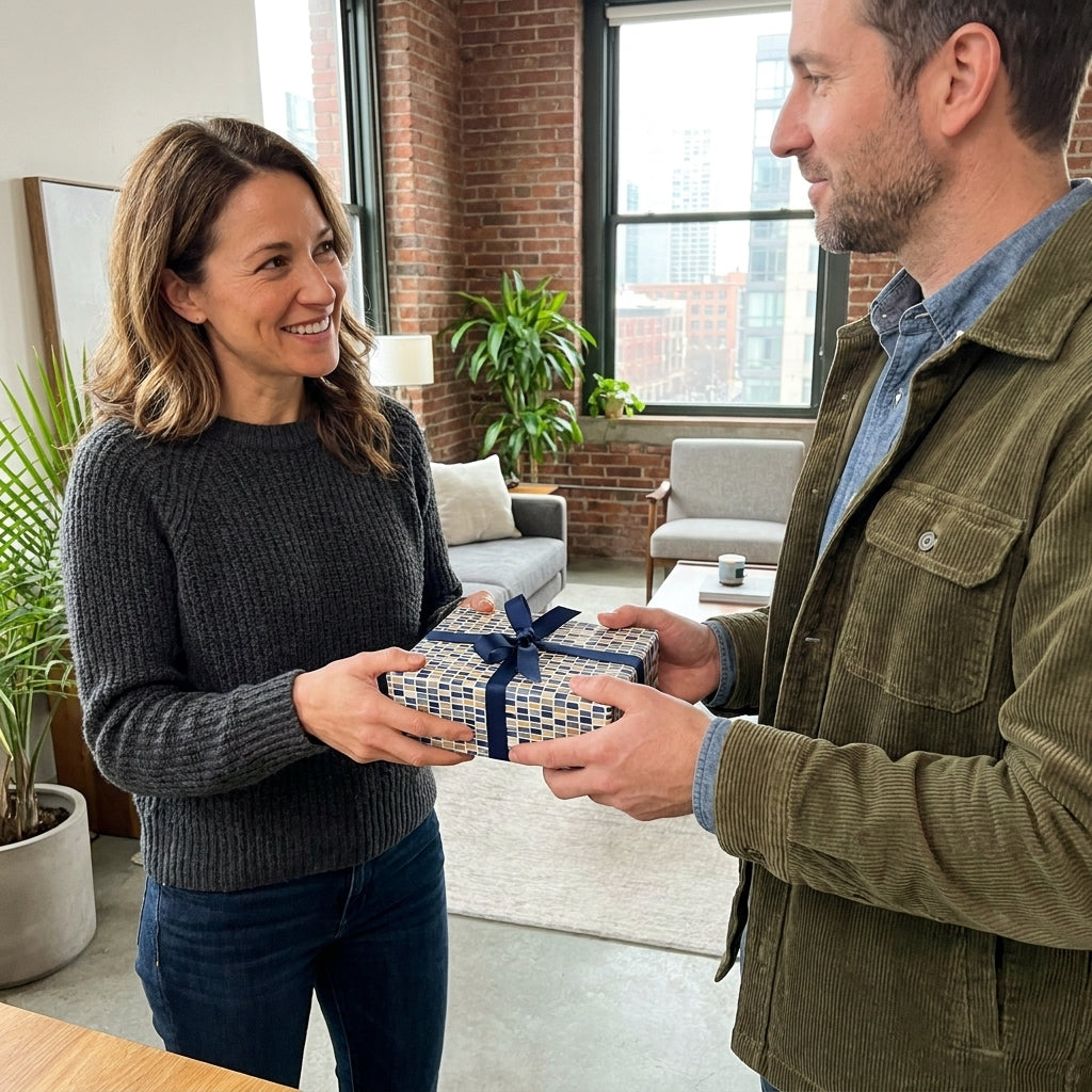 Woman giving a man a gift wrapped in modern blue patterned paper with a navy ribbon from Wrapped Studios.