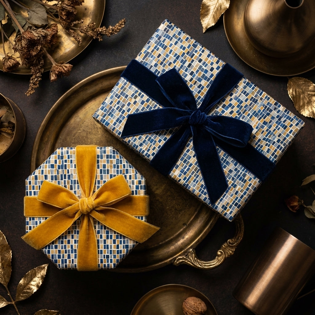 Luxury gift boxes wrapped in blue and gold mosaic pattern paper with velvet bows, by Wrapped Studios.