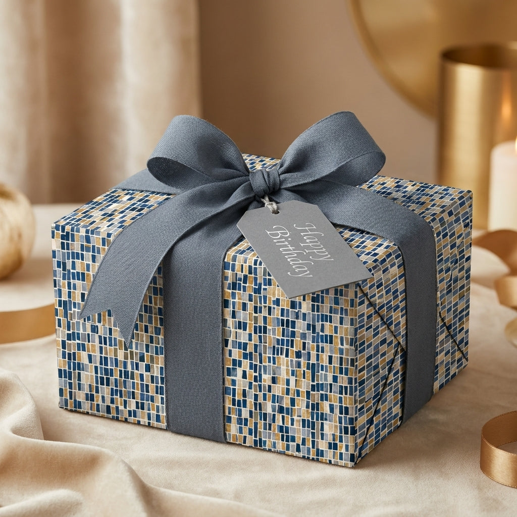 Elegant birthday gift wrapped in modern blue and gold mosaic paper with a grey ribbon and Happy Birthday tag.