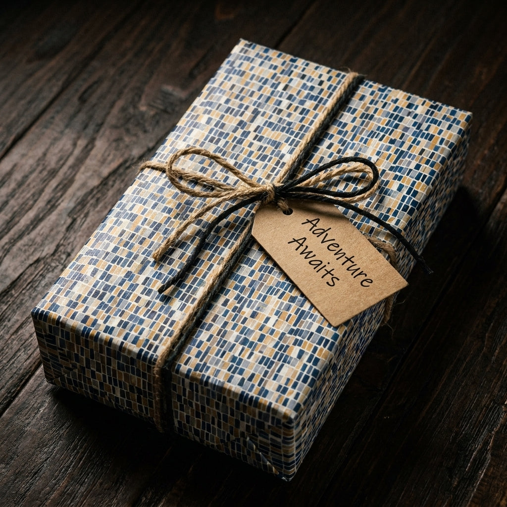Gift wrapped in modern blue and gold mosaic paper with twine and an Adventure Awaits tag by Wrapped Studios.