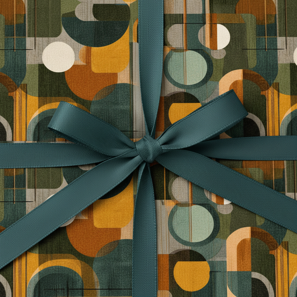 Gift wrapped in modern geometric wrapping paper with teal ribbon.