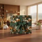 Square gift wrapped in modern geometric wrapping paper with dark green ribbon.