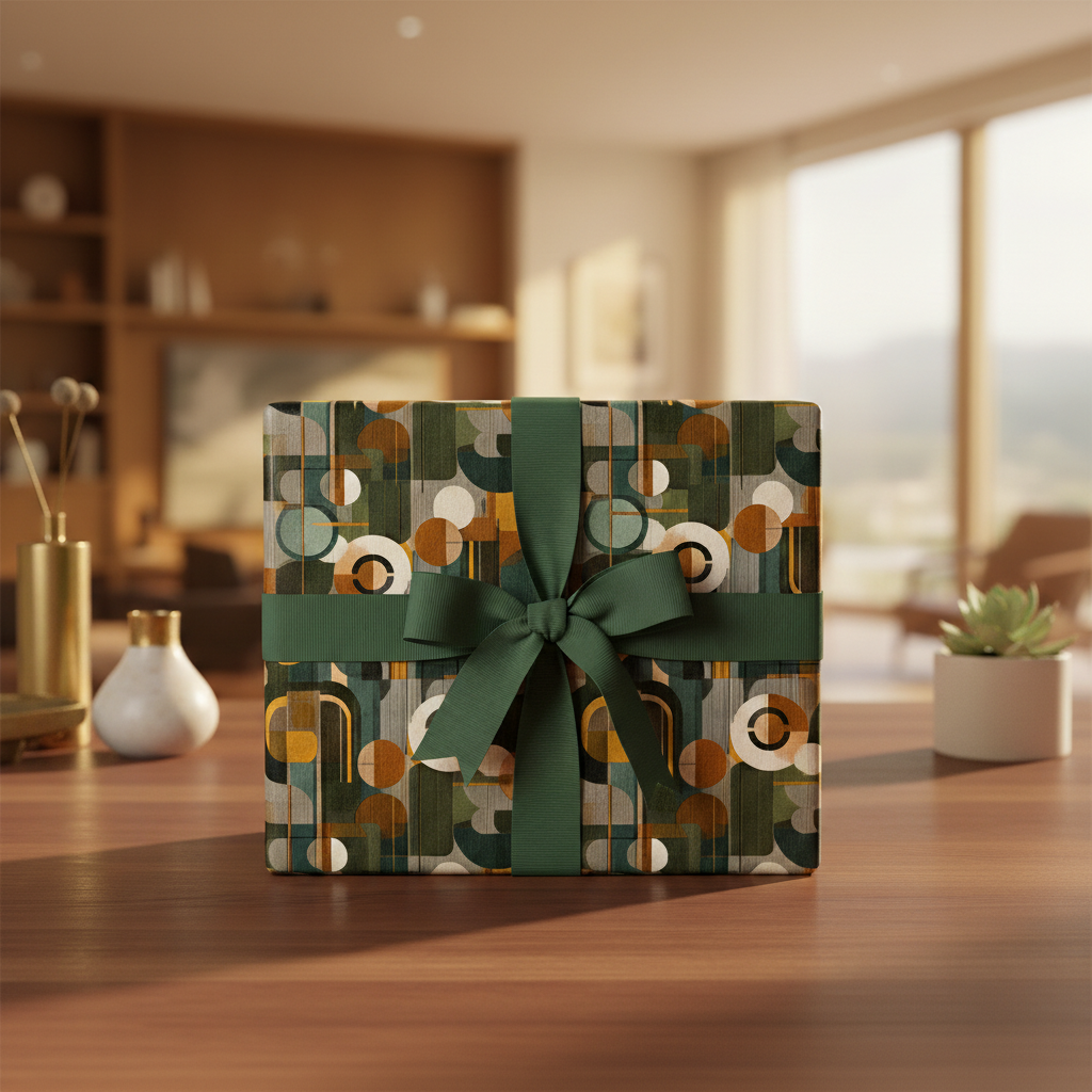 Square gift wrapped in modern geometric wrapping paper with dark green ribbon.