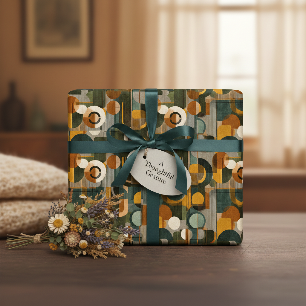 Gift wrapped in modern geometric wrapping paper with dark teal ribbon and "A Thoughtful Gesture" tag.