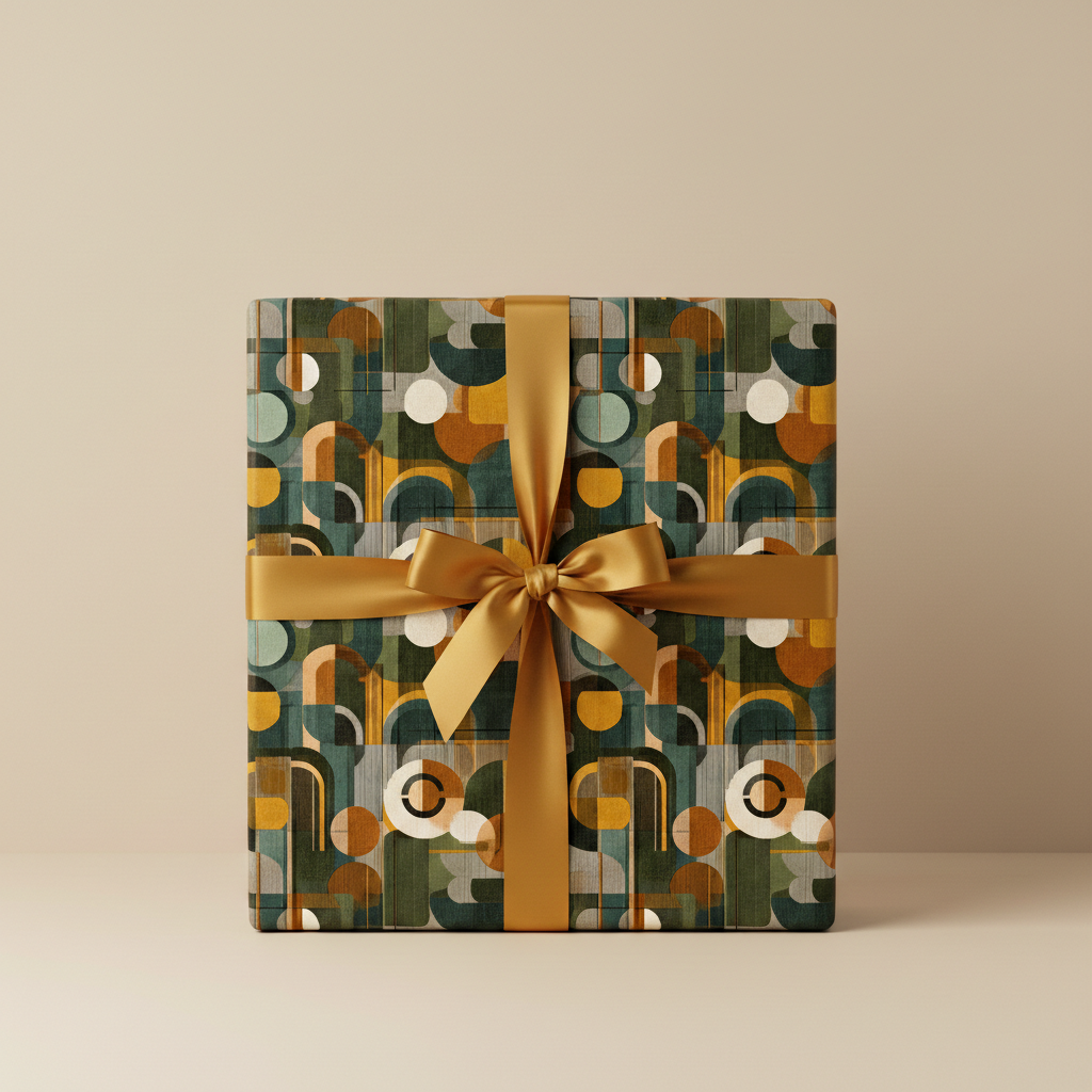 Gift wrapped in modern geometric wrapping paper with gold ribbon.