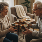 Elderly couple exchanging a gift wrapped in modern patterned wrapping paper with a brown velvet ribbon.