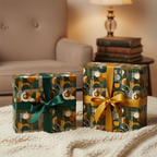 Two presents wrapped in modern geometric gift wrap with green and gold satin ribbons.