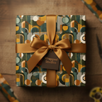 Sophisticated modern wrapping paper with teal, gold, and cream geometric pattern, tied with a gold satin ribbon.