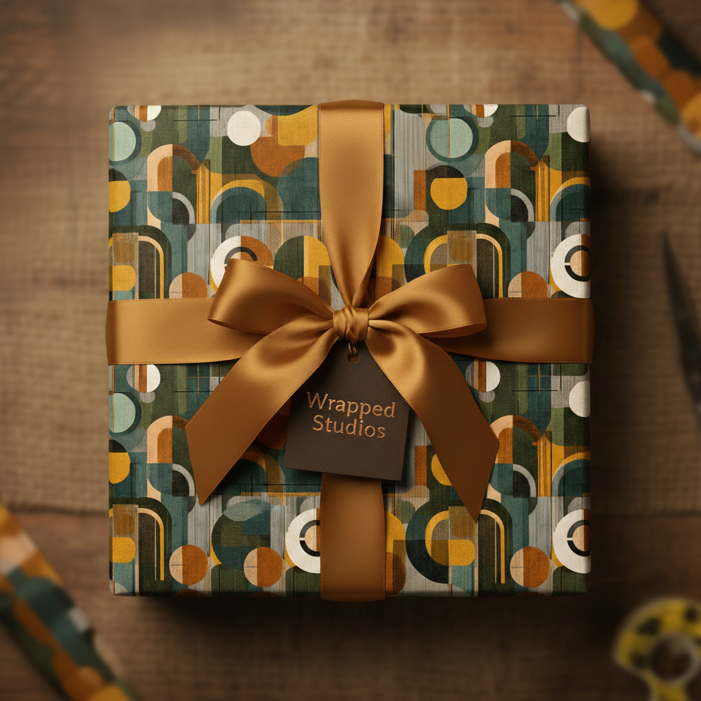 Sophisticated modern wrapping paper with teal, gold, and cream geometric pattern, tied with a gold satin ribbon.