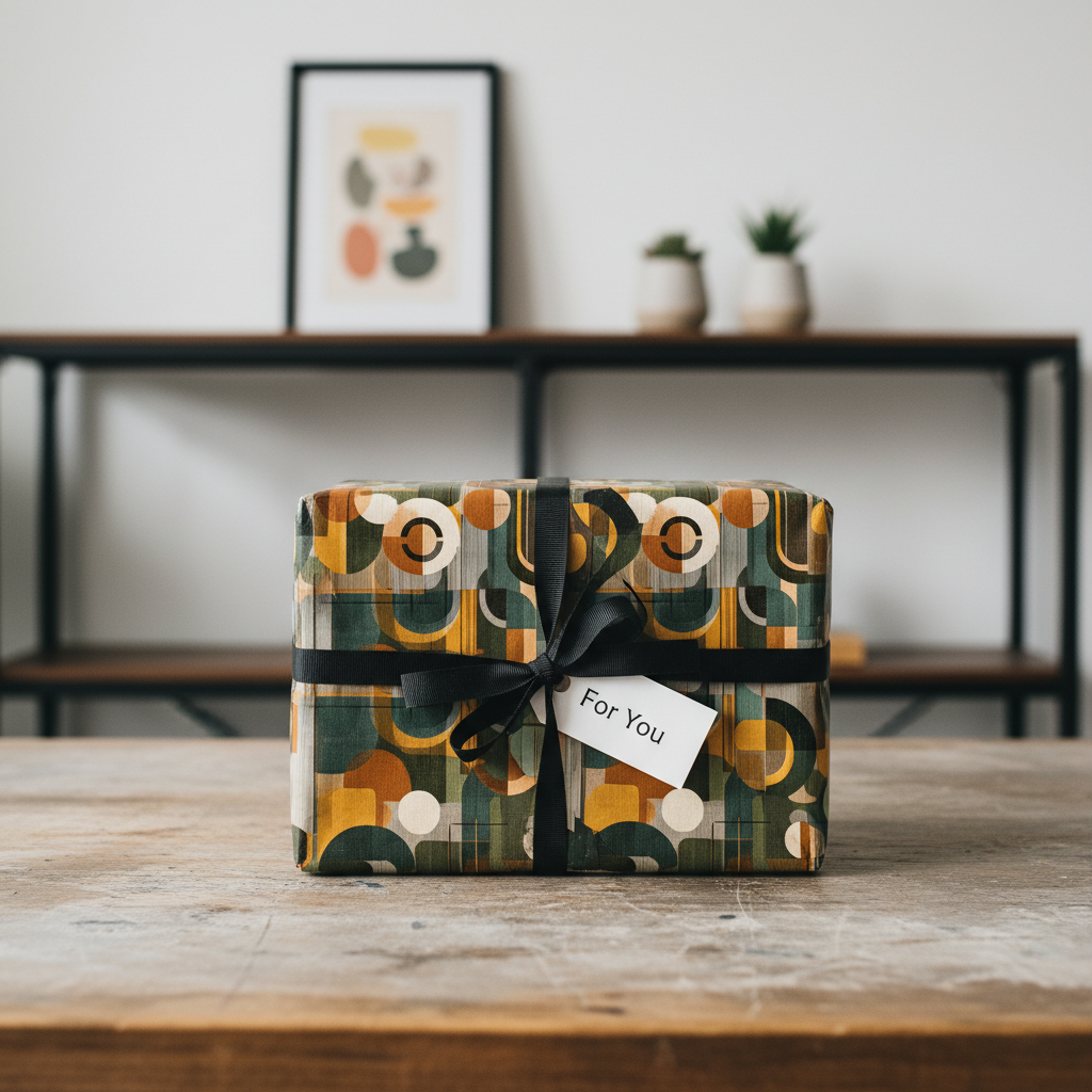 Modern gift wrapped in olive and tan geometric wrapping paper with black ribbon.