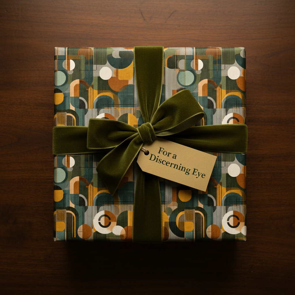 Modern gift wrapped in geometric teal & gold wrapping paper with olive velvet ribbon, perfect for birthday or special occasion.